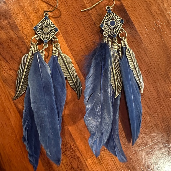 Blue Feather Long Dangle Earrings - Picture 2 of 4
